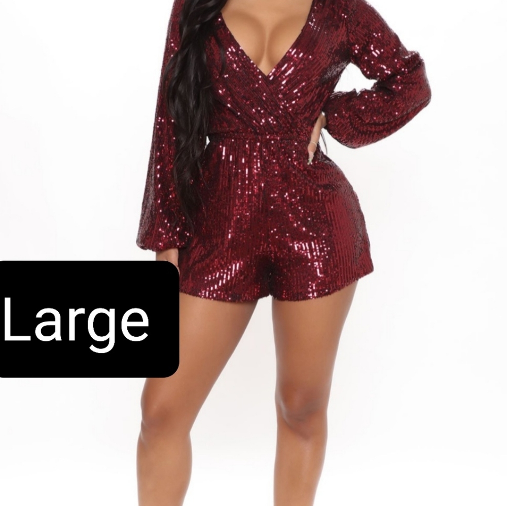 NEW Sequin Dazzle Mini Romper Burgundy Large